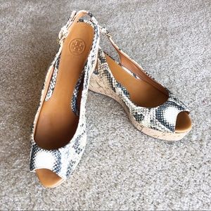Tory Burch Snakeskin Cork Slingback Wedge Heels